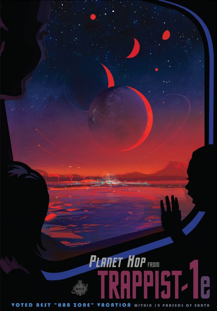 A NASA space tourism poster with an image of children looking out at a red and blue landscape with large planets visible in the sky, reading "Planet Hop from Trappist - 1e, voted best 'hab zone' vacation"