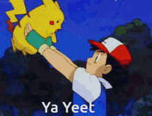 A Pokemon trainer tosses Pikachu into the sky (caption: YA YEET)