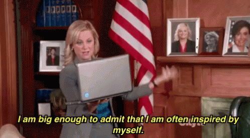 Leslie Knope reads from her laptop, saying "I am big enough to admit that I am often inspired by myself."