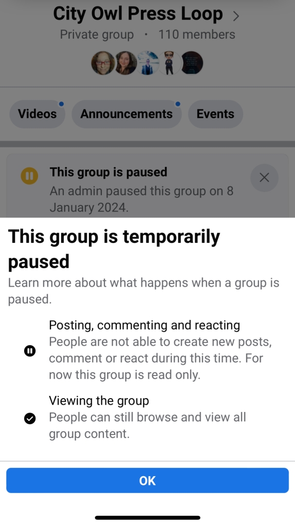 Screenshot showing that the Facebook City Owl Press Loop Group was "temporarily paused" as of January 8. It was later deleted entirely.